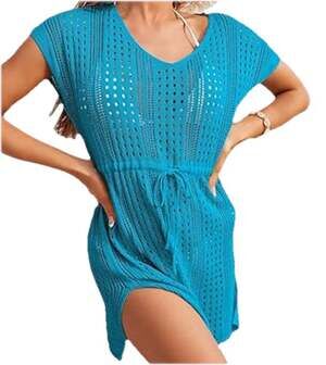 Merokeety Crochet Swim Suit Beach Cover Up Womens XL Teal Adjustable Drawstring